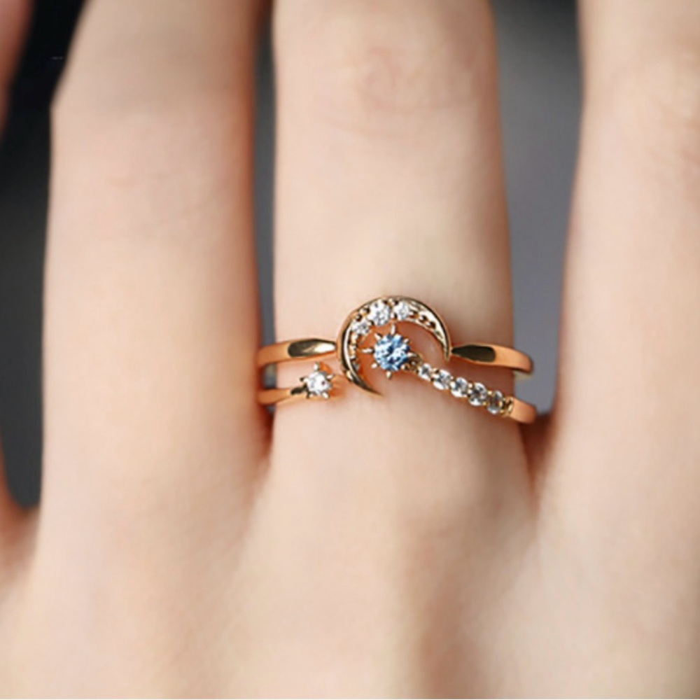 18k GOLD PLATING OVER SOLID STERLING SILVER 925 STAR & MOON STACKABLE RING